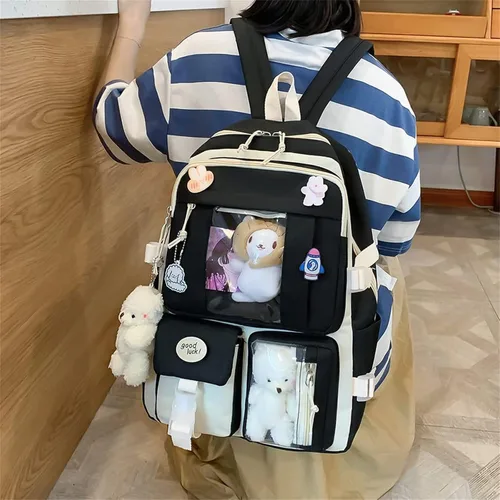 Vista 3 de Kawaii Juego de 5 mochilas Kawaii escolares con insignia y colgante de felpa bolsa de hombro caja de lápices bolsa de mano bolsa pequeña Arroz Negro