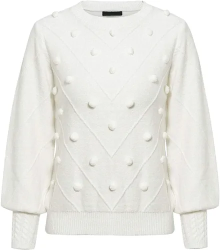 Vista 4 de Miessial Suéter de otoño con cuello redondo para mujer, lindo suéter de punto grueso de manga larga abombada con pompón