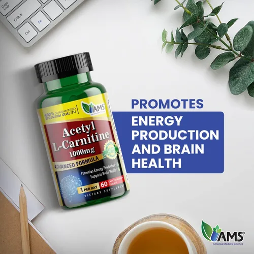 Vista 3 de America Medic & Science Acetil L-carnitina 1000 mg (60 tabletas) Suplemento dietético para hombres y mujeres Promueve la producción de energía