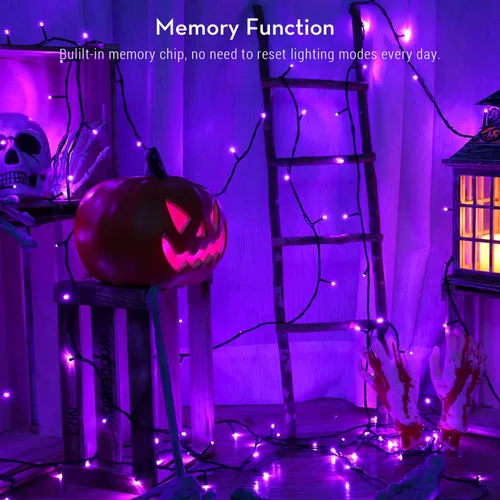 Vista 4 de ODEETRONIC Luces de Halloween moradas, 98.4 pies, 300 luces LED moradas, 8 modos de cadena de luces de Halloween conectables, luz de hadas