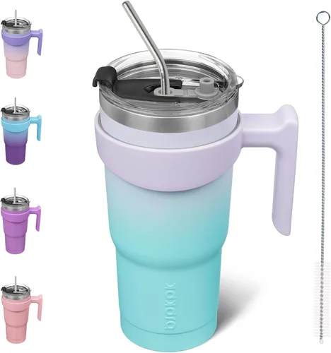 Vista 21 de BJPKPK Mini vaso de 10 onzas con tapa, popote y asa, taza de acero aislada