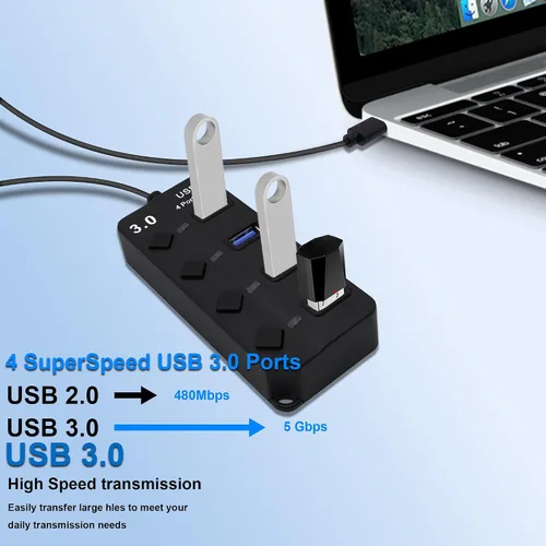 Vista 3 de Hub USB 3.0 de 4 puertos multifuncional 1 a 4 divisor de transferencia de datos de 5 Gbps USB 3.0 extensor con interruptores de alimentación LED