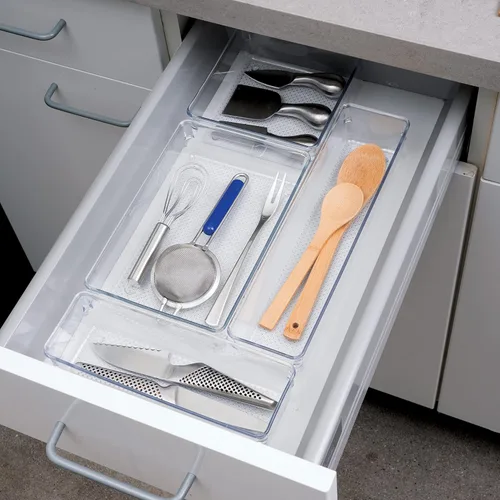 Vista 5 de Oggi Organizador de cajones transparente, 3 x 9.5 pulgadas (juego de 6), ideal para organizar cajones de cocina, oficina, escritorio, cubiertos