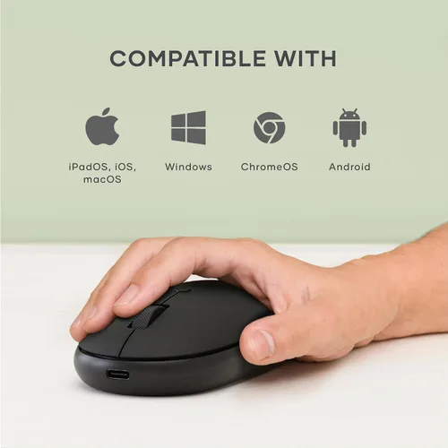 Vista 8 de Satechi OntheGo Mouse Bluetooth con batería recargable USB C, conecta hasta 3 dispositivos, mouse inalámbrico compacto y portátil para laptop, Negro