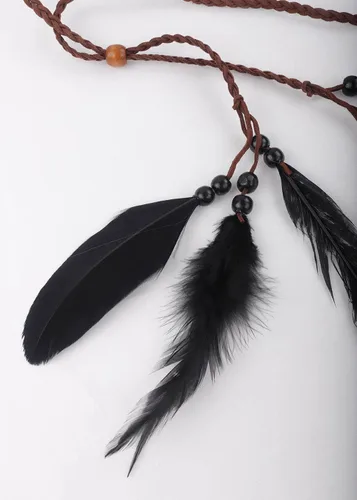 Vista 7 de Jumwrit Diadema de plumas bohemias, tocado gitano hippie con plumas negras, tocado de borla ajustable cuerda de cáñamo con cuentas, accesorios