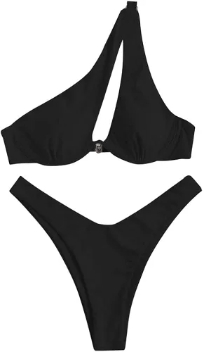 Vista 5 de ZAFUL Traje de baño sexy de dos piezas con relleno de un hombro y aros para mujer, traje de baño brasileño con tanga atrevida