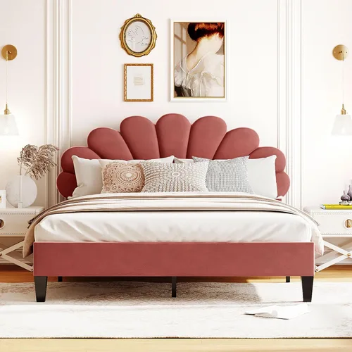 Vista 9 de DEINPPA Base de cama tapizada tamaño matrimonial con cabecera ajustable de flores elegantes, cama de plataforma de terciopelo con soporte