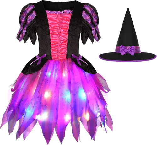 Vista 2 de Bordazor Disfraz de bruja para niñas, disfraz de bruja con luz LED para Halloween