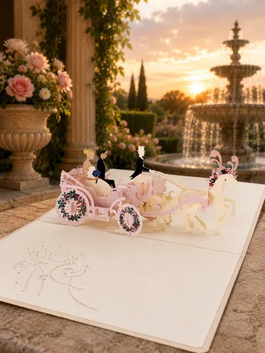 Vista 2 de ETA Tarjeta de felicitación desplegable de boda 3D, tarjeta desplegable de carruaje 3D, tarjeta desplegable de aniversario de boda vintage, tarjeta