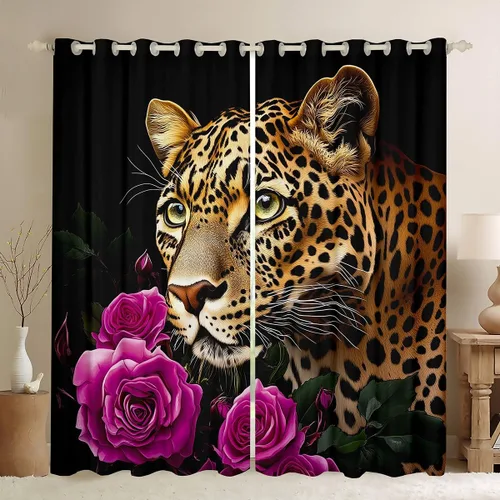 Vista 9 de Erosebridal Cortinas de Rosas Rojas 3D Tratamientos para Ventanas de Guepardo, Paneles de Cortinas con Estampado de Gato Leopardo para Sala