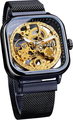 Vista 8 de FORSINING Relojes automáticos Reloj de pulsera mecánico dorado para hombre Relojes de esqueleto con esfera transparente de acero inoxidable