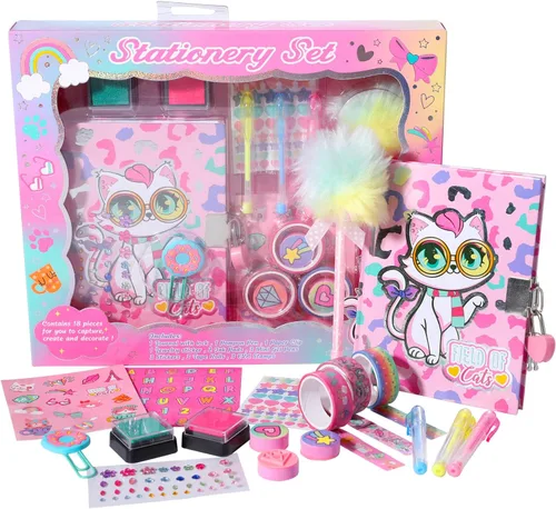 Vista 8 de Diario de animales para niñas con cerradura, juego de papelería de animales con diario secreto, sellos, bolígrafos, cuaderno de diario, regalo