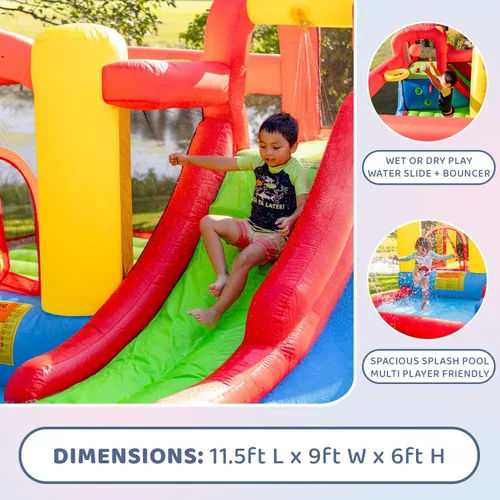 Vista 5 de Bounceland Parque de juegos inflable con salto y aventura de salpicaduras o tobogán acuático todo en uno, piscina grande, área de salto divertida
