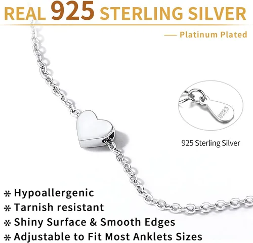 Vista 5 de ChicSilver - Personalizado 925 plata de ley, diminuto corazón, luna, estrella, sol, punto, triángulo. Tobilleras sencillas, joyas para el pie