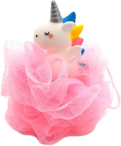 Vista 7 de Pelotas de baño con diseño de unicornio para niños y niñas, de malla, puf, esponja de baño exfoliante, limpiador corporal, accesorios de baño