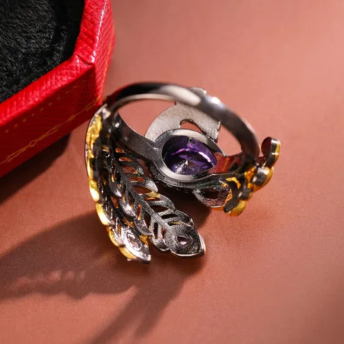 Vista 8 de Gothic Golden Feather Amethyst Rings - Black Peacock Rhinestone Copper Rings