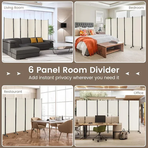 Vista 8 de Divisor de habitación plegable de 6 paneles para separación de habitaciones, pantalla de privacidad independiente con ruedas universales Blanco
