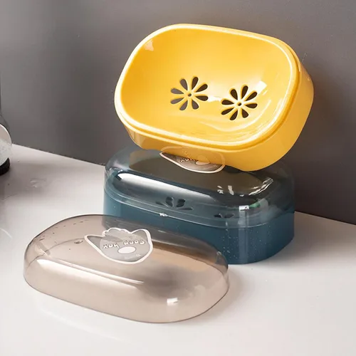 Vista 3 de Jabonera portátil 2 piezas, soporte para jabón con drenaje de doble capa (azul, amarillo)