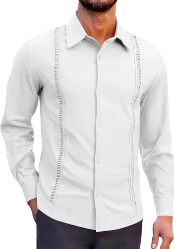 Vista 13 de Camisas de guayabera cubana para hombre, manga corta, sin doblar, con botones, color sólido, camisas de boda para trabajo, camisas casuales