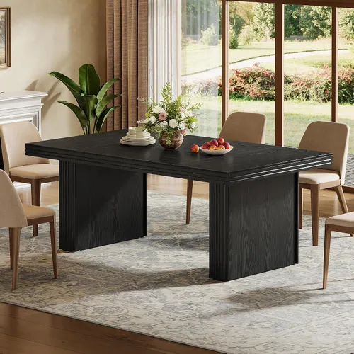 Vista 4 de Tribesigns Mesa de comedor de granja de 63 pulgadas para 6, mesa de cocina moderna con línea acanalada para comedor, sala de estar, color negro