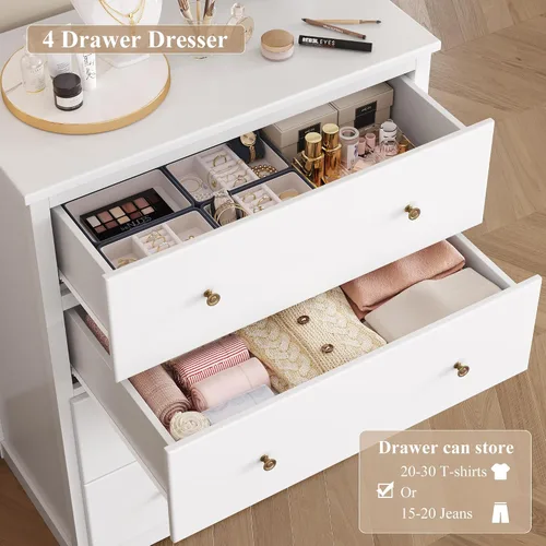 Vista 6 de HOUSUIT Cómoda blanca, cómoda de 4 cajones, cómoda alta moderna, armario de almacenamiento de madera para sala de estar, pasillo, entrada, oficina