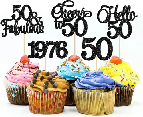 Vista 32 de Gyufise Paquete de 24 adornos negros para cupcakes de 10.º cumpleaños con purpurina negra 10 Ten Hello 10 Dights dobles desde 2015 para decoraciones