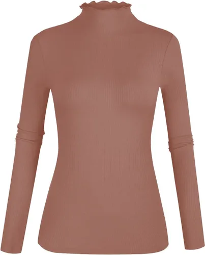 Vista 25 de POPZONE - Camiseta de manga larga con cuello alto falso, ajustada, de punto acanalado con ribete de lechuga para mujer