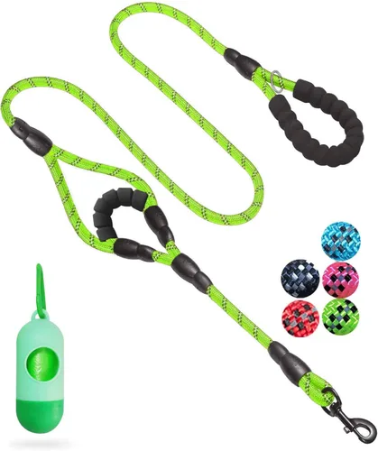 Vista 9 de JSXD Correa resistente de doble asa para perro, 5 pies, acolchada y reflectante, cuerda para perros pequeños a grandes (negro)