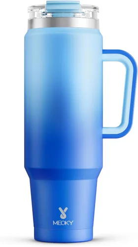 Vista 15 de Meoky Vaso de 40 onzas con asa y pajita, vaso aislado con tapa y popote, taza de viaje de acero inoxidable, mantiene el frío durante 34 horas, 100%