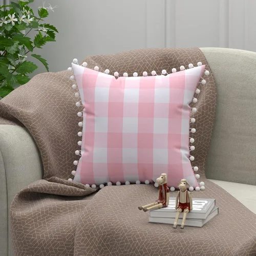 Vista 2 de Juego de 2 fundas de almohada cuadradas con pompones de algodón, estilo retro, estilo casa de campo, a cuadros, para sofá, automóvil, 12 x 12 Rosa