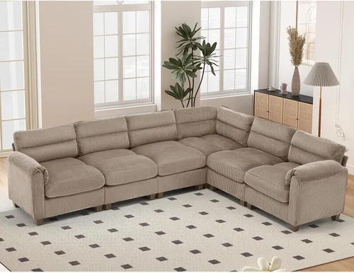 Vista 98 de HAOMARKETS Sofá esquinero modular en forma de L de 115 pulgadas con 2 otomanas móviles, sofás de pana de 8 plazas con cojín grueso para sala de Beige