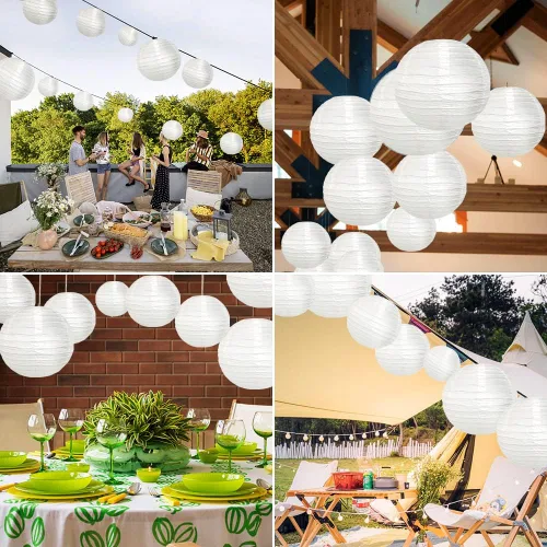 Vista 7 de DazzLiteer 12 linternas de papel blanco con luz LED, decoraciones redondas colgantes de papel para cumpleaños, bodas, fiestas, decoración del hogar