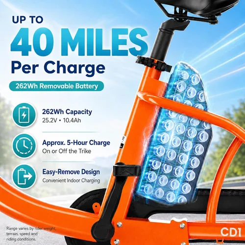 Vista 3 de MOONCOOL Triciclo eléctrico juvenil, 16 pulgadas, 250 W, E-Trike Naranja quemado