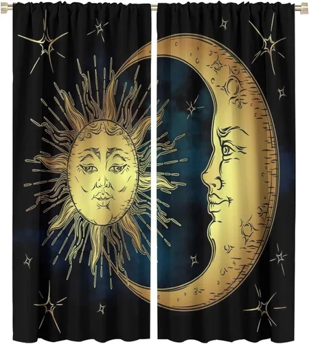 Vista 24 de Cortinas opacas con diseño de sol y luna, cuerpos celestes bohemios, con diseño de sol, luna y estrellas, para sala de estar, dormitorio, 42 x 45