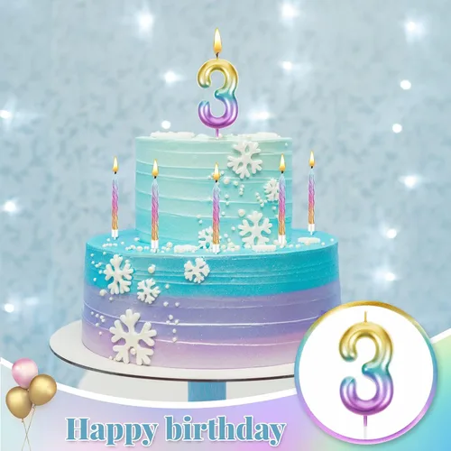 Vista 5 de Treela Vela de cumpleaños de 3 años para pastel con 12 piezas en espiral con números de arco iris, velas degradadas de tercer cumpleaños para niñas