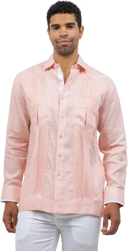 Vista 10 de Mojito - Guayabera de manga larga para hombre, 100% lino, panel de contraste y pliegues tonales Agua