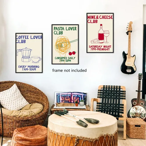 Vista 6 de Divertido póster de lienzo de cocina, arte de pared retro del club amante del café, imagen adorable del club de amantes de la pasta, pintura vintage