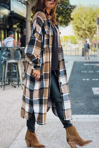 Vista 6 de Yousify Chaqueta larga con solapa a cuadros para mujer cepillada con botones y bolsillos