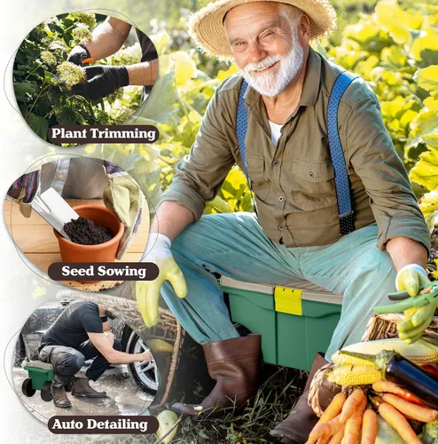 Vista 5 de Pure Garden - Carrito de jardín rodante con asiento, almacenamiento de plástico con banco y bandeja interior de herramientas, taburete de jardinería
