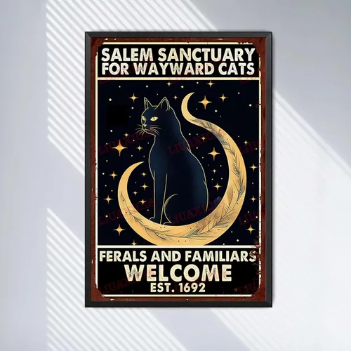Vista 2 de Letrero de metal de hojalata Salem Sanctuary para gatos Wayward Ferals and Familiars, letrero de metal de hojalata para hombre, decoración de pub, 8