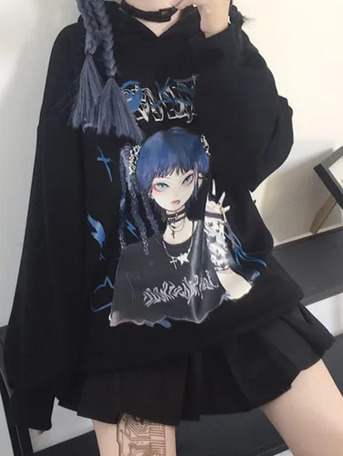 Vista 2 de Sudadera con capucha de estilo japonés para mujer y niña, con estampado de lindo patrón, a la moda, Kawaii Anime