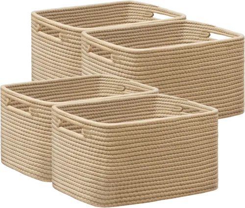 Vista 15 de Paquete de 4 cestas de almacenamiento para organizar, cestas tejidas para estantes, color beige