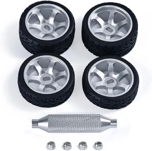 Vista 9 de Llantas de rueda de 6 radios y neumáticos de deriva de coche RC para 1/28 RC Hobby modelo, [2 estrechos+2 anchos] 4 llantas de aleación de aluminio