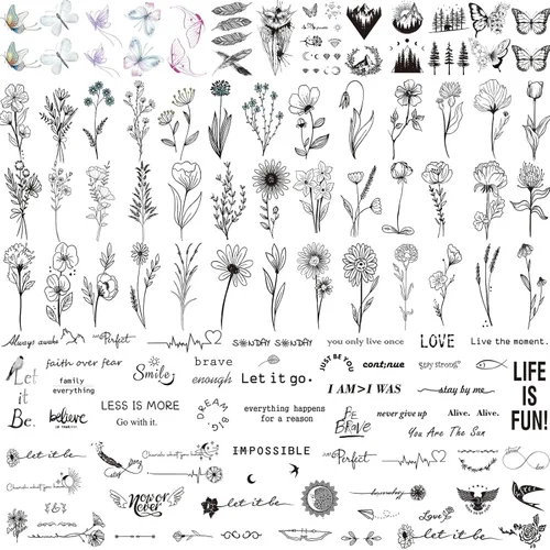 Vista 8 de JEEFONNA 86 hojas de tatuajes temporales, 14 hojas grandes de medio brazo de tatuajes falsos de flores, gato, búho y león, 72 hojas pequeñas