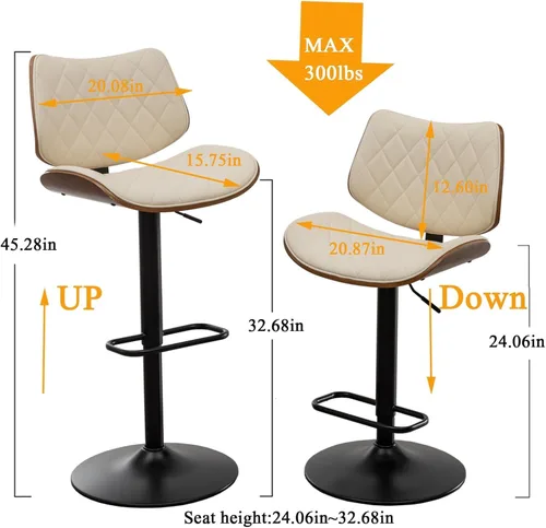 Vista 2 de LUNLING Taburetes de bar giratorios con respaldo y reposapiés, taburetes de mostrador modernos ajustables de mediados de siglo, sillas de bar Beige