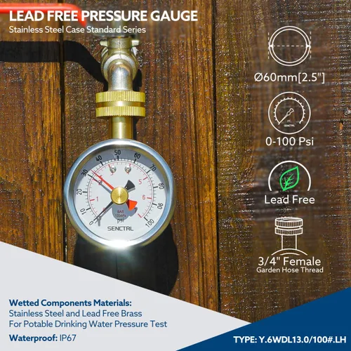 Vista 2 de SENCTRL Medidor de prueba de presión de agua de 0-100 psi con aguja de arrastre, sin plomo, tamaño de dial de 2-1/2", rosca de manguera de jardín