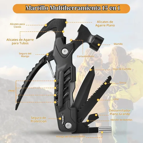 Vista 2 de Regalos para hombres, martillo multiherramienta 15 en 1, accesorios de campamento, equipo de supervivencia, relleno de calcetines