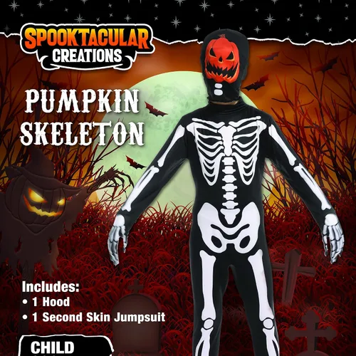 Vista 5 de Spooktacular Creations Disfraz de esqueleto de Halloween con cabeza de calabaza para niños, la máscara de calabaza para juegos de rol