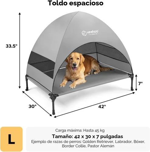 Vista 4 de Veehoo Cama para perros con dosel para exteriores, cuna elevada para mascotas con toldo extraíble y enfriamiento, pies antideslizantes, cuna elevada