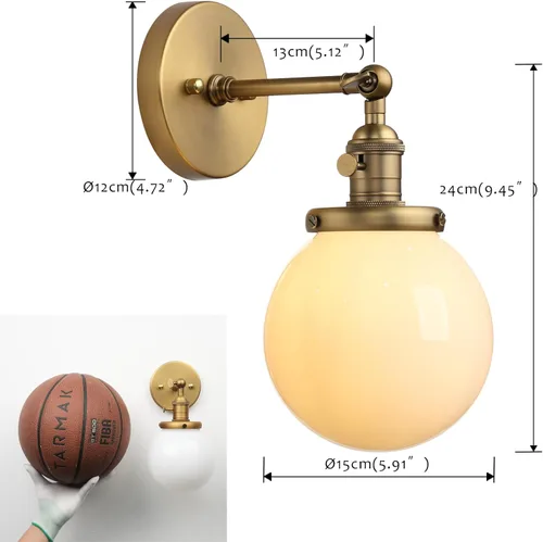 Vista 5 de Pathson Aplique de pared cableado con globo blanco, luz de tocador de baño de latón con interruptor de encendido y apagado, lámparas de pared